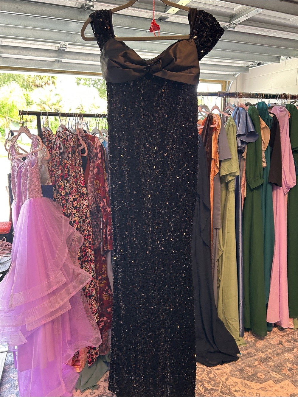 Black Sequin Evening Gown with Bow Bodice